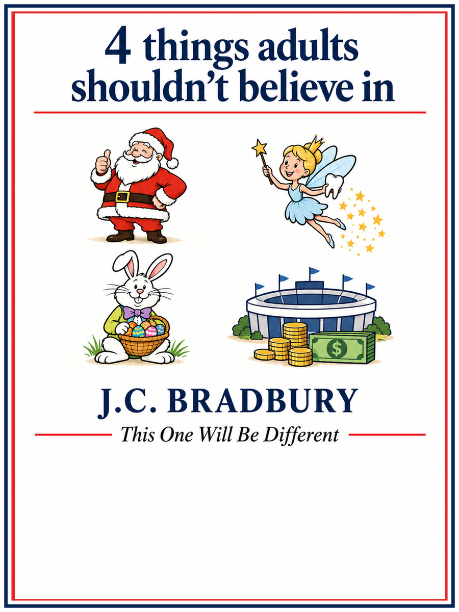 Custom bookplate featuring Santa Claus, the Tooth Fairy, the Easter Bunny, and a publicly funded stadium